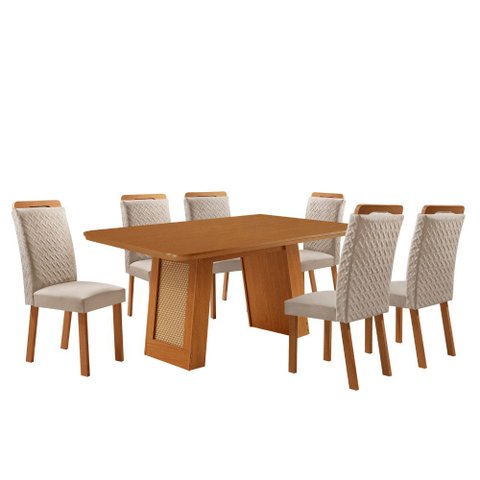 Mesa de Jantar Carolina 180 cm Tampo MDF Laminado Canto Copo com 6 Cadeiras Aline