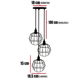 Lustre Pendente Aramado Triplo Globo Cabo Regulável Luminária Agp Ilumini Retro Globo Luxtpenar Pret - 2