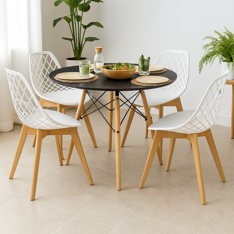 Kit Mesa Redonda Eames 90cm Preta + 4 Cadeiras Kayla Wood Brancas