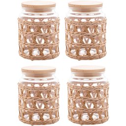 Kit 4 Potes Herméticos Vidro com Sisal Tampa Madeira Wolff 750ml Porta Mantimentos - 1