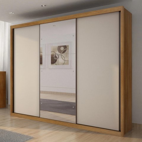 Guarda-Roupa Casal com Espelho 100% MDF 3 Portas de Correr 6 Gavetas Cumaru/Fendi Vegas
