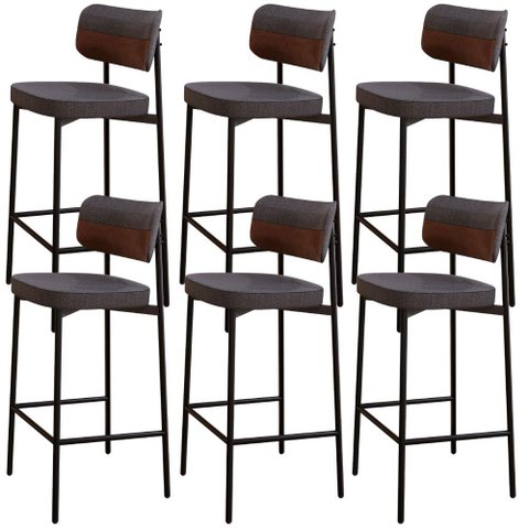 Kit 06 Banquetas Alta Bar Cozinha Sala de Jantar Aço Preto Kaira C01 Linho Preto Courino Whisky -
