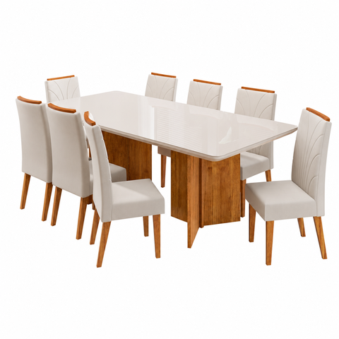 Conjunto Sala de Jantar 8 Lugares Retangular Tampo de Vidro/MDF Maisa Cobre/Off/Bege- Casa Giulia
