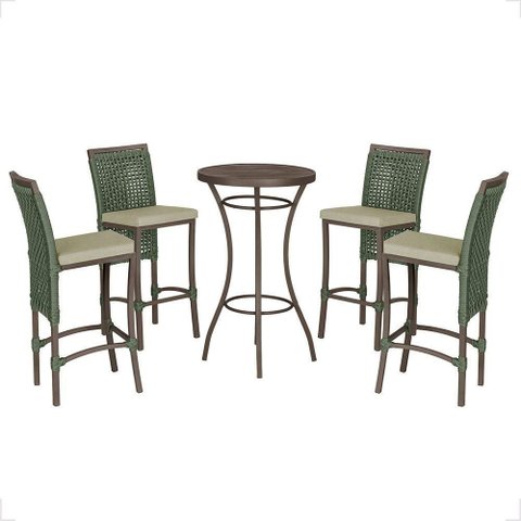 Mesa Bistrô e 4 Banquetas Roma Marrom Corda Estofado 7 Trama Verde