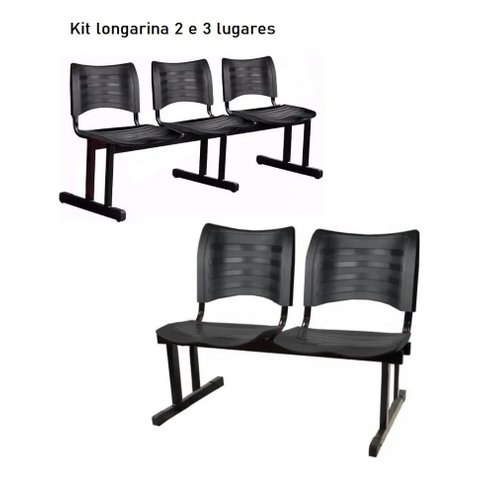 Conjunto com 02 Cadeiras para Recepção 2 e 3 Lugares na Cor Preta