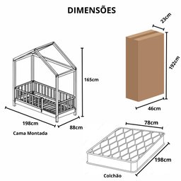 Bicama Infantil Solteiro Frente Casinha Colorida Madeira Maciça Pinus Grade Cercadinho - 2