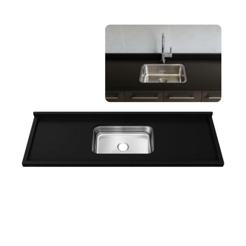 Pia de Cozinha 100cm Granito Preto Aracruz Cuba Inox Rasa: Preto Aracruz