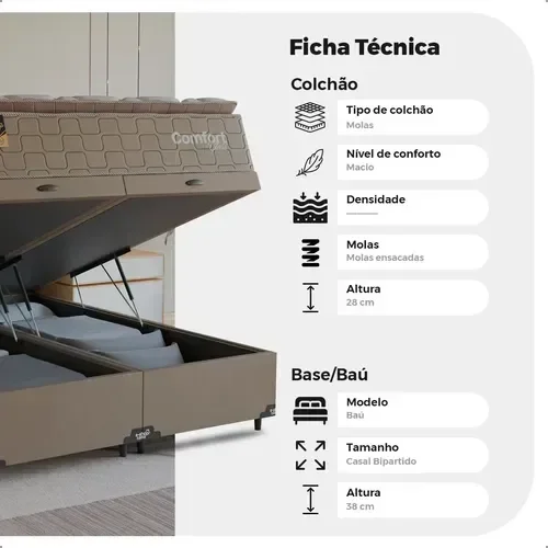 Ver imagem 3 de Cama Box Baú Casal Bipartido Colchão Comfort Class Pillowtop Bege/suede Bege
