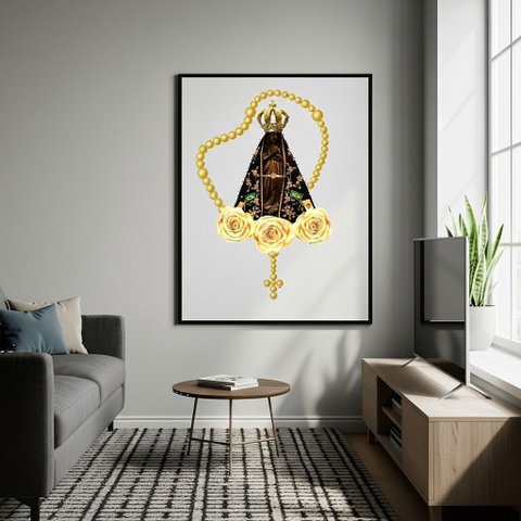 Quadro Decorativo Nossa Senhora Aparecida Terço - 70x50cm:moldura Preta