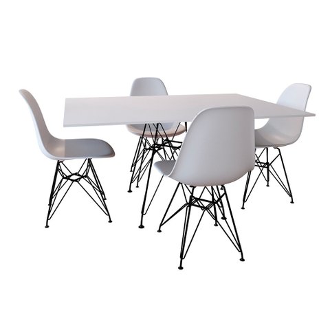 Conjunto de Mesa Eames Eiffel de Ferro Preto Tampo Branco 120x75 4 Cadeiras Ferro Preta Assento Bran