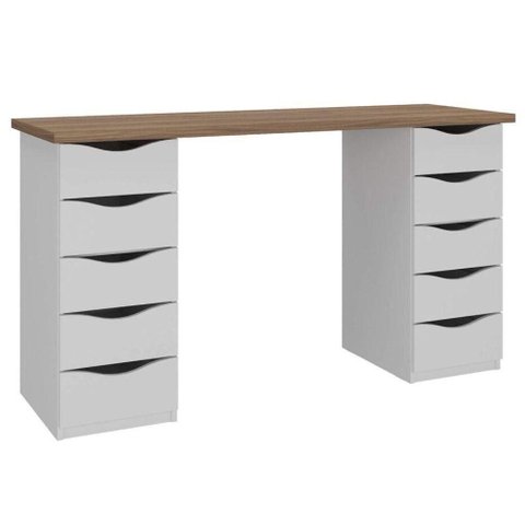 Mesa Escrivaninha Escritorio Due Moderno 10 Gavetas MDP 136cm Nogal Branco Artany