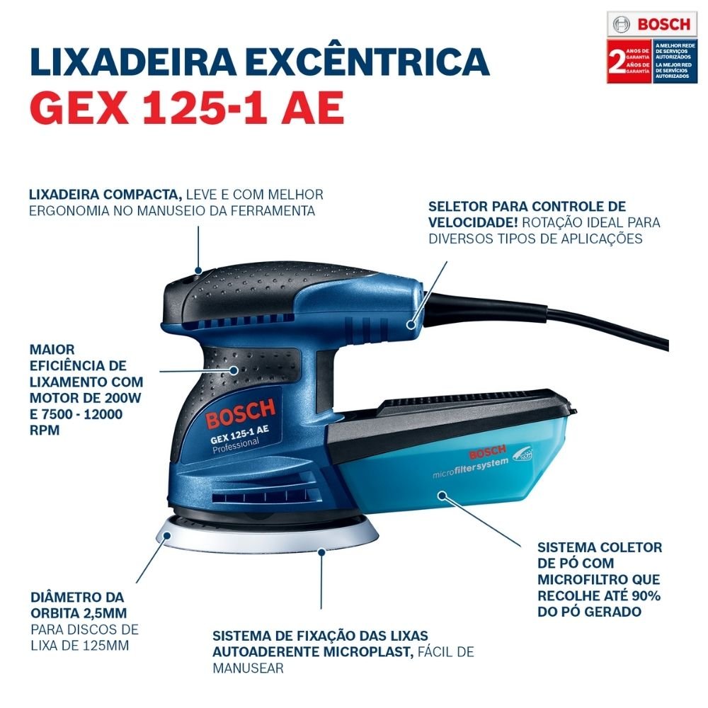 Lixadeira Excentrica Gex 125-1 Ae 250w Bosch 220v - 0601.387.5e0-000 - 10