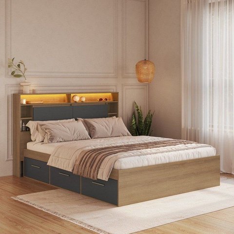 Cama de Casal com 6 Gavetas e Cabeceira LED Genebra