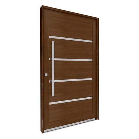 Porta de Alumínio Pivotante Amadeirada com Friso 225cm x 130cm Lucasa Eccellente Abertura Direita Marrom