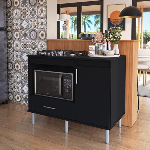 Kit Bancada Ilha para Cozinha + Balcão para Cooktop 1,05m 5 Bocas Turim Preto