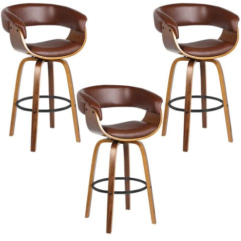 Kit 3 Banquetas Giratória Alta com Encosto Base Madeira Ravi R02 PU Marrom - Mpozenato