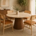 Ver imagem 4 de Mesa de Jantar Cone Redondo 140 Cm Tampo Mármore Travertino Base Nogueira