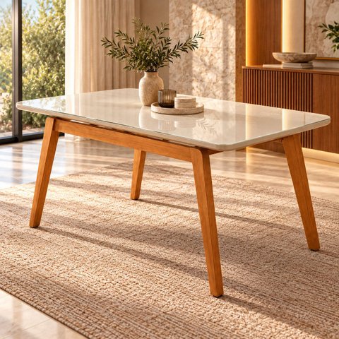 Mesa de Jantar Neo 180x80cm Tampo MDF Base Madeira Maciça:Off White/Vidro