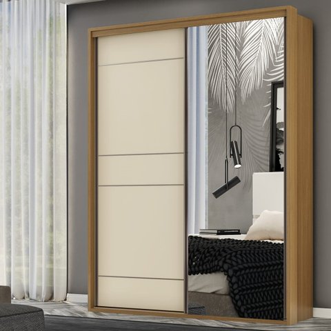 Guarda Roupa Solteiro Mdf 2 Portas 1 com Espelho 170 Cm Qualitá Belmax:freijó/off White
