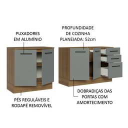 Kit com 2 Balcões de Cozinha Madesa Agata 3 Gavetas 4 Portas (Sem Tampo e Pia) Rustic/Cinza - 5