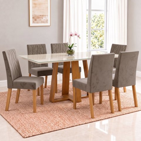 Conjunto Sala de Jantar Mesa Lisa 160cm Tampo MDF Vidro Canto Reto 6 Cadeiras Flavia