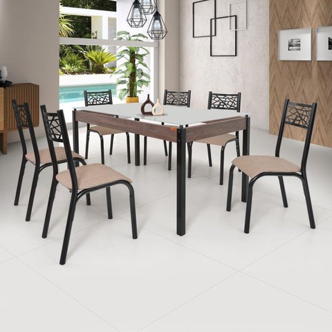 Conjunto Sala de Jantar Mesa Jade 140x80cm Tampo Vidro com 6 Cadeiras Bege/Preto Fosco/Linho