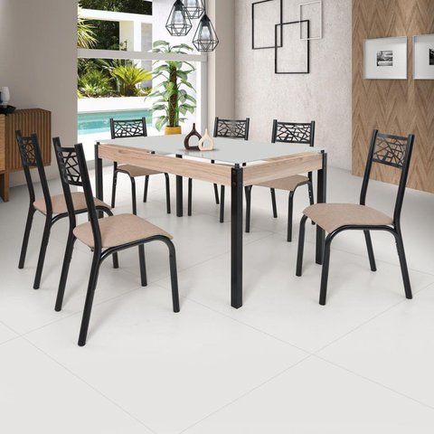 Conjunto Sala de Jantar Mesa Jade 140x80cm Tampo Vidro com 6 Cadeiras Bege/Preto Fosco