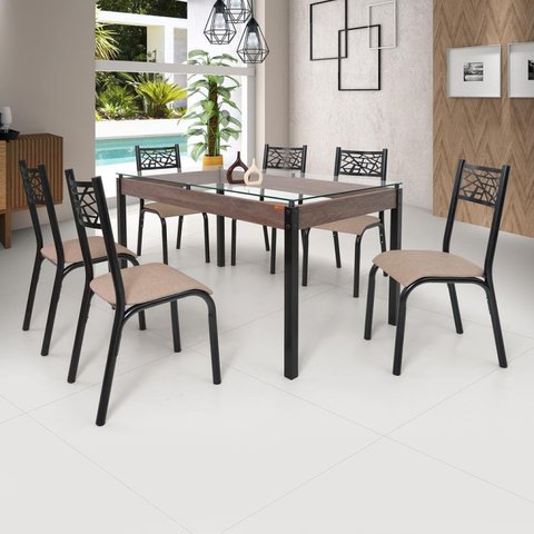 Conjunto Sala de Jantar Mesa Jade 140x80cm Tampo Vidro com 6 Cadeiras 