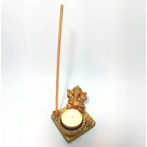 Incensário Porta Vela Resina Ganesha Dourado 8cm Prosperidad