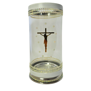 Porta Vela 7 Dias 18 Cm Jesus Cristo Cruz Vidro e Alumínio