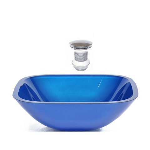 CUBA DE VIDRO QUADRADA 35CM AZUL ESCURO + VALVULA CLICK