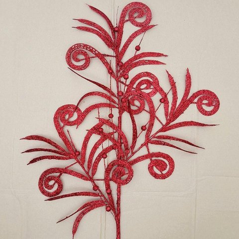 Plantas Folhas Enfeite Natal Gliter Vermelho 70cm Kit 12pçs