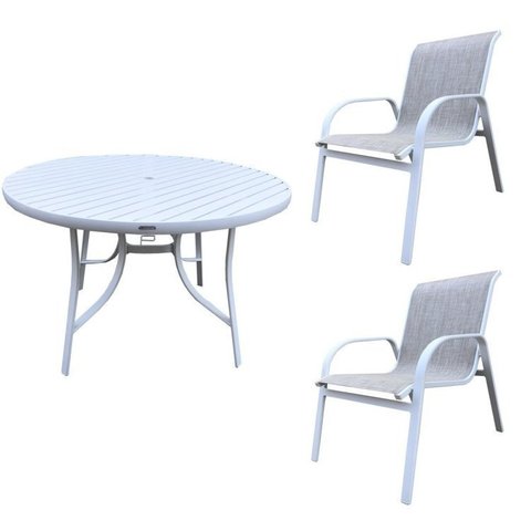 Conjunto em Alumínio Mesa Redonda Ripada 120cm Porto Rico e 2 Poltronas com Tela Cannes Portinaty