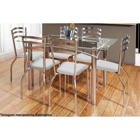 Kit Mesa Elba C- Tampo Vidro 150cm + 6 Cadeiras Portugal Cromado Courano Branco