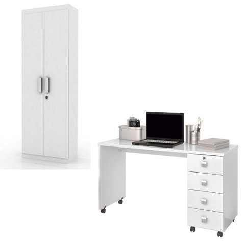 Conjunto de Escritório Office Escrivaninha com Rodizios Multiuso Branco