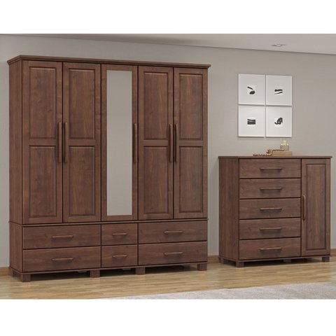 Conjunto Quarto: Guarda-roupa 5 Portas, Cômoda Sapateira 5 Gavetas Café Ouro Madeira Pinus - Finestr