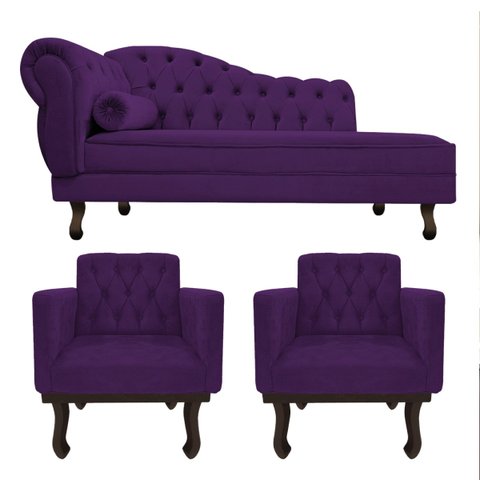 Kit Diva Recamier Diana 160cm Lado Direito e 02 Poltronas Classic Suede Roxo - ADJ Decor