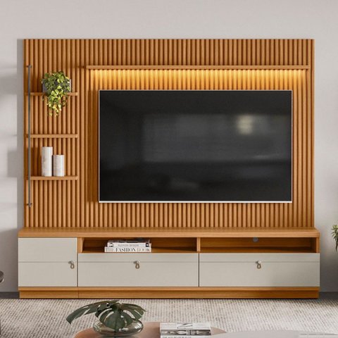 Estante para Tv até 75 Polegadas Colina 1 Porta com Led Nature/off White - Pnr Móveis