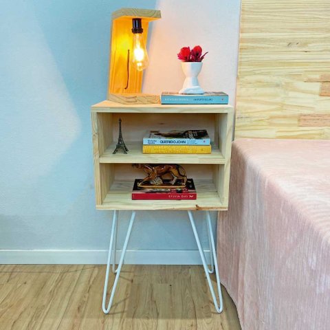 Mesa Lateral de Ferro e Madeira Industrial HairPin Dual Prateleira Natural e Branco