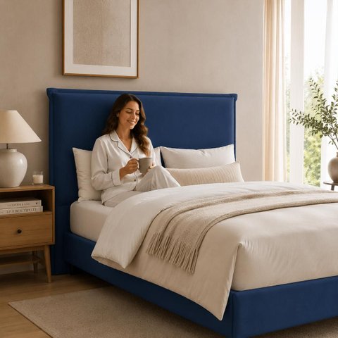 Cabeceira Decorativa Casal 1,40m Trento Veludo Azul Marinho - Gran Belo