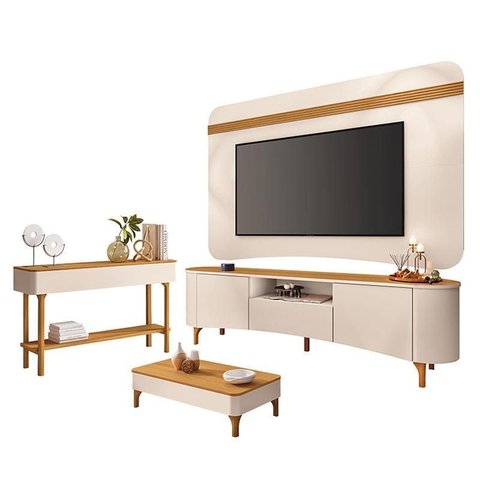 Rack Bancada Elara e Painel Armony com Mesa de Centro Liz e Aparador Fiero Off White Cinamomo - Hb M