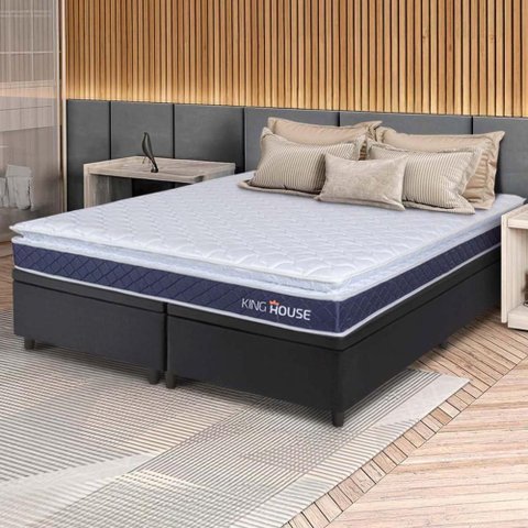 Conjunto Box Baú Preto Durban Azul Espuma D28 King 193x203x64 - King House