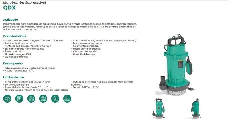 Bomba Shimge Submersível Qdx1.5-17 0,5cv Monofásico 220v Verde 220 (m) - 2