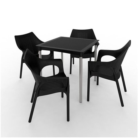 Conjunto de Mesa Atto Rata com Pés em Alumínio e 4 Cadeiras Relic. Preto
