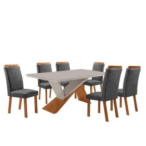 Mesa de Jantar Yasmin 180cm Tampo MDF Vidro Canto Copo com 6 Cadeiras Aline Moderna Mobília