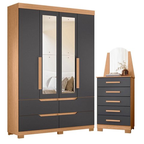 Guarda Roupa Solteiro Doble 04 Portas com Espelho e Cômoda New Veneza Freijo Titanium - Móveis Albat