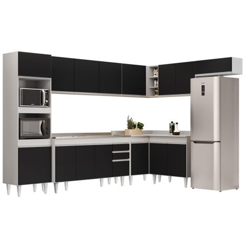 Armário de Cozinha Modulada de Canto 8 Peças Cp09 Balcão com Pia Inox Branco-preto - Lumil