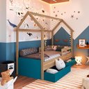 Ver imagem 2 de Cama Montessoriana Infantil Estilo Casinha 2 Gavetões 201cm Cor:aveiro Oak com Azul Secreto