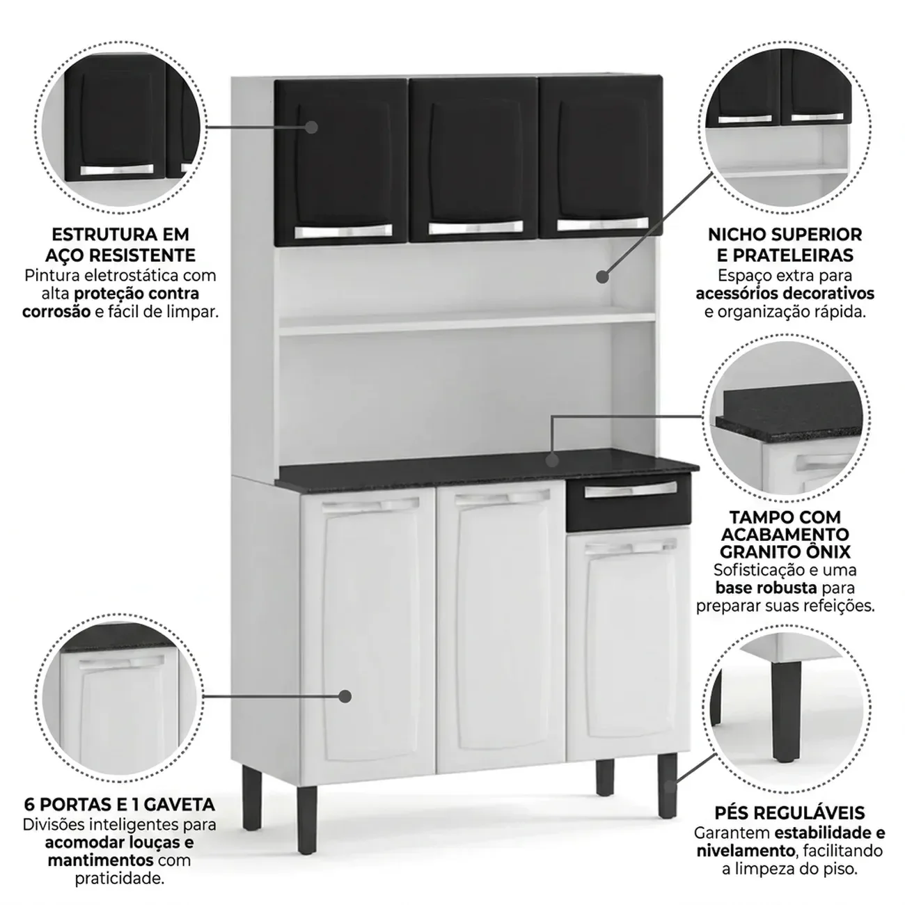 Ver imagem 5 de Armário de Cozinha em Aço 6 Portas 1 Gaveta com Tampo e Nicho 182 x 105cm Rose Itatiaia Branco/Preto