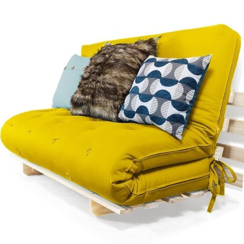 Sofa Cama Casal Futon Oriental Amarelo com Madeira Maciça.